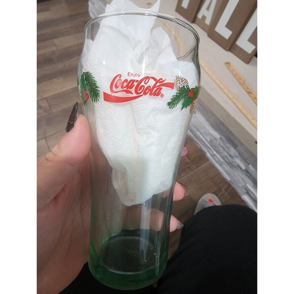 Vintage 12 " Green Tint Christmas Coca-Cola Glasses   Set Of 7 - Picture 3 of 11